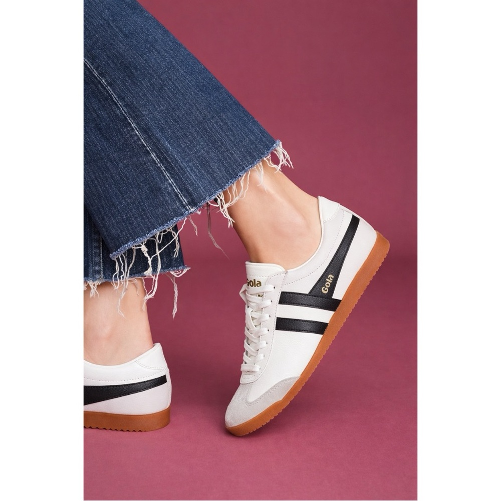 Gola White Leather Sneakers with Black Stripes and Gum Sole